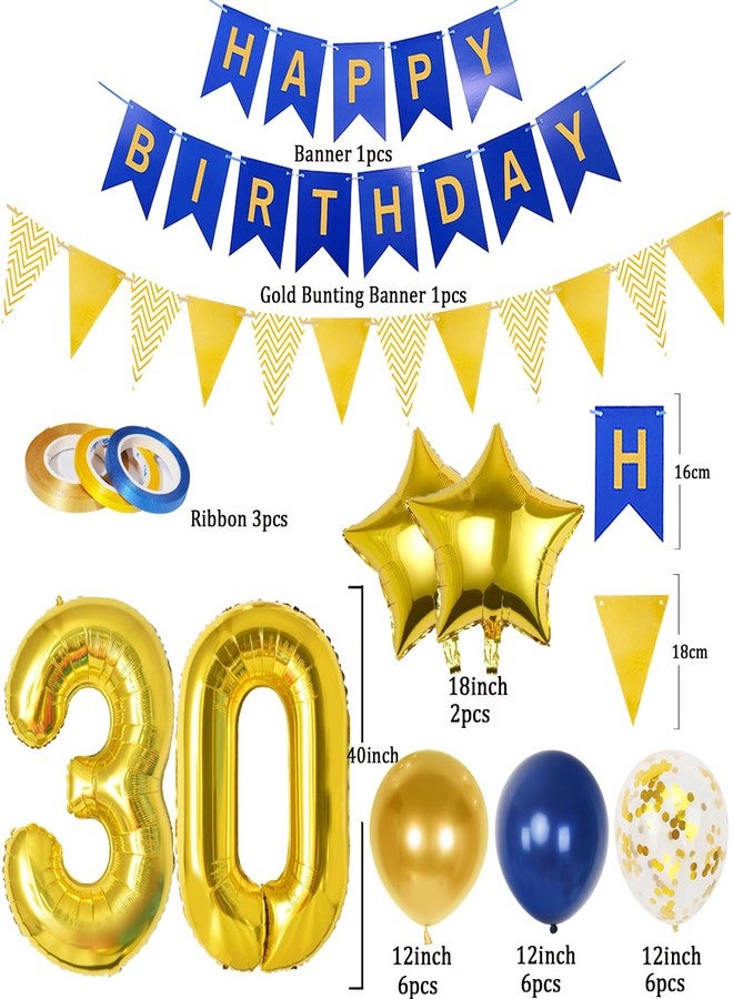 Douvelue 30th Birthday Decorations for Him, Navy Blue Gold Balloons and Happy Birthday Banner, 40 Inch Number 30 Foil Balloons with Bunting, for Men Women Party Decoration - Image 2